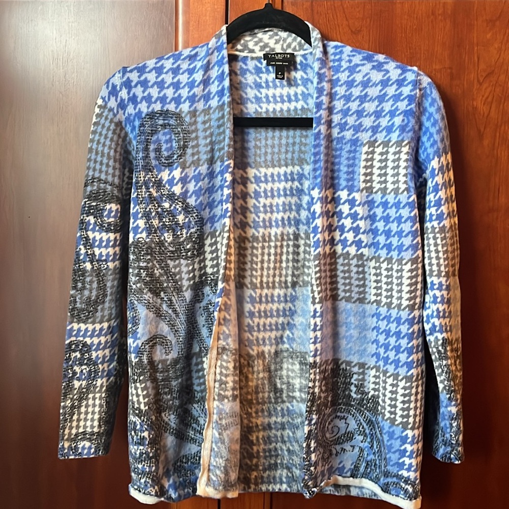 Talbots Blue and Gray Women's Houndstooth Cardigan - Merino Wool